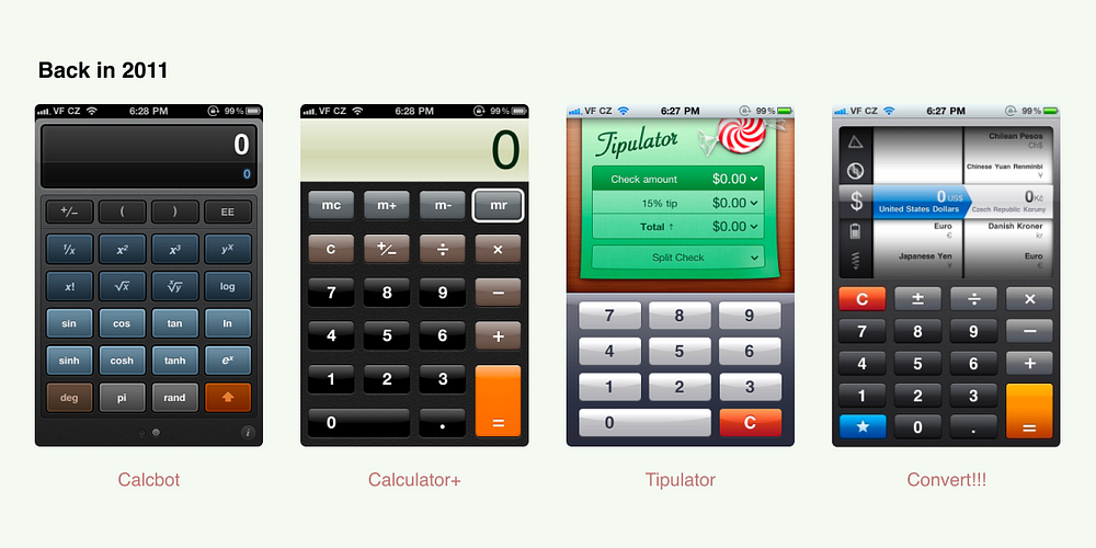图片展示了 2011 年流行的四款移动计算器，突出了当时多样化的设计方法：Calcbot：采用时尚设计，具有科学计算器功能。Calculator+：采用带有大按钮的传统计算器界面。Tipulator：专为计算小费和分摊账单而设计，设计新颖。Convert!!!：专注于货币转换，具有带有多种货币选项的功能界面。